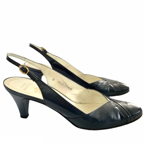 Vtg Bally Heels 8 AA Navy Slingback Leather Shoes - Picture 2 of 8